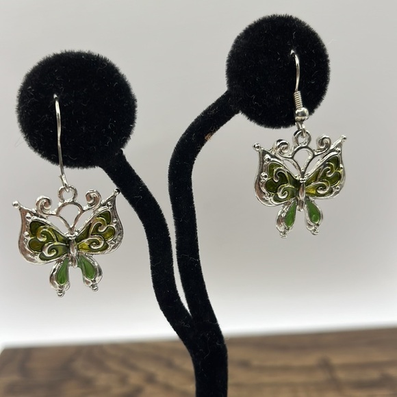 Butterfly Drop Earrings Silver tone and Green Enamel Butterfly 🦋 - Picture 3 of 13